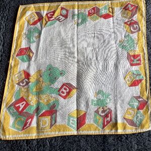 Vtg Child's Handkerchief Green Bear Yellow Dress Blocks of Numbers/ABC Border